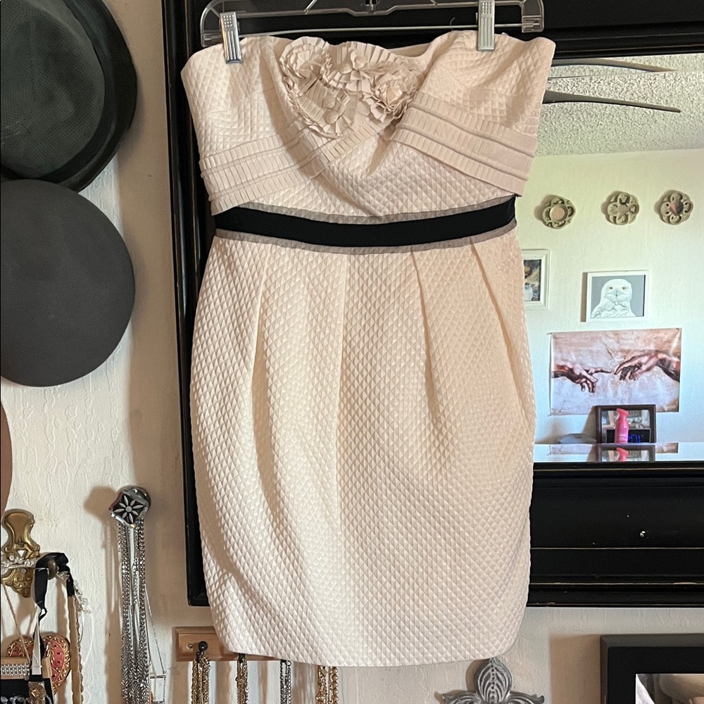 BCBGMaxAzria Cream Strapless Dress with Black Waistband